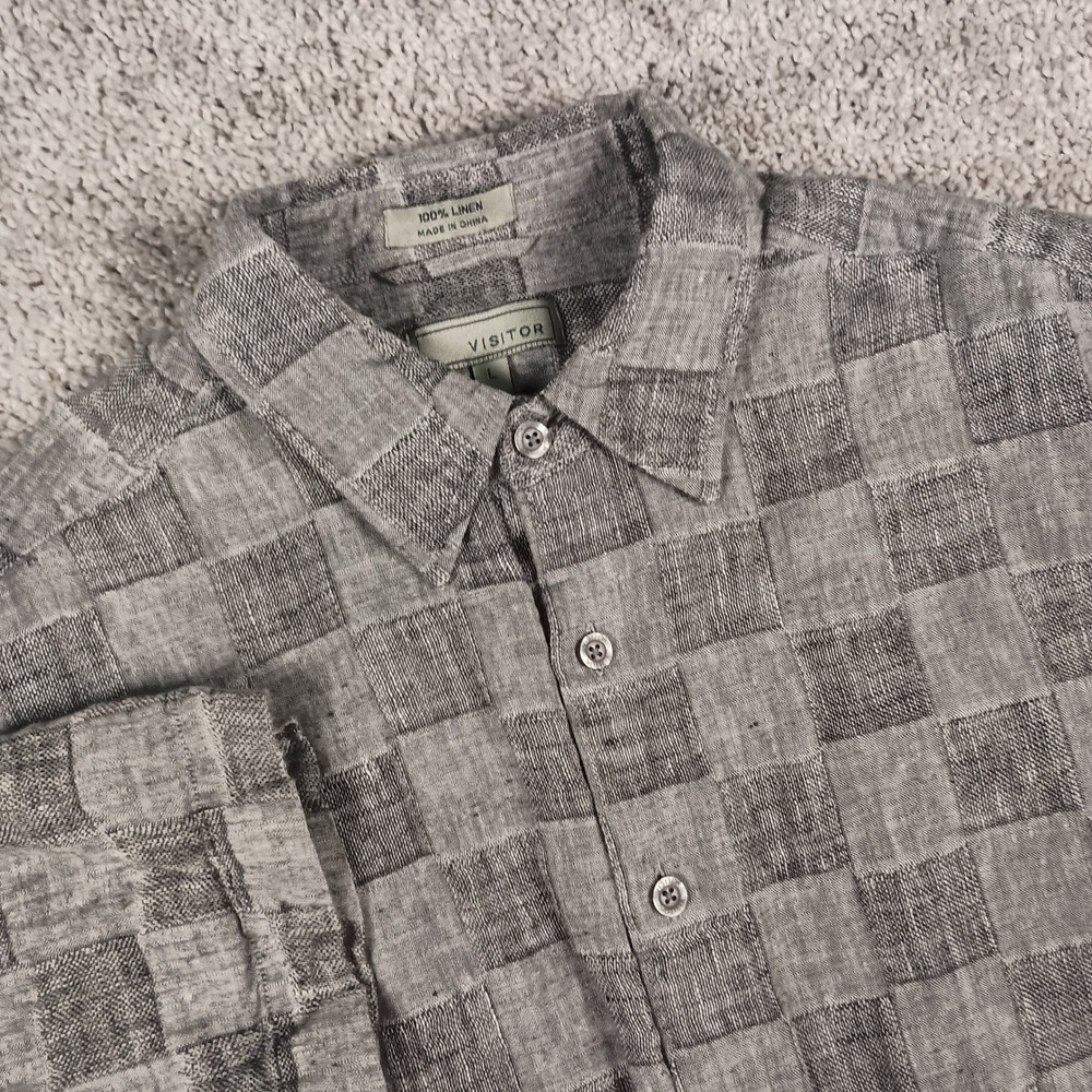 Visitor Large Mens Grey Checkerboard 100% Linen Short Sleeve Button Down Shirt